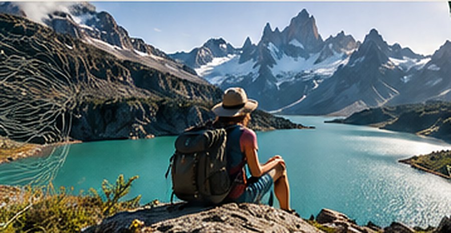 Podróżnik nad górskim jeziorem w Patagonii