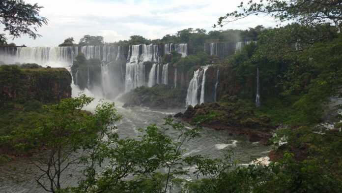 Widok na wodospady Iguazu spadające przez bujną zieleń w Argentynie Widok na wodospady Iguazu spadające przez bujną zieleń w Argentynie